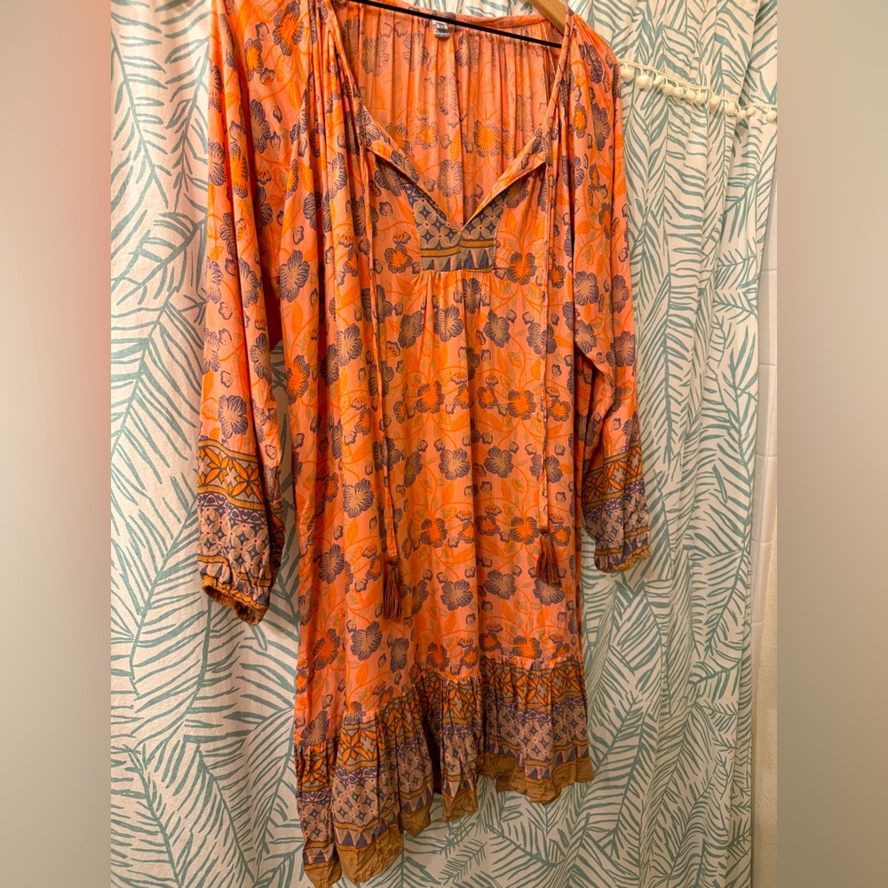 Coral Block-print Bali Long sleeve Mini Dress